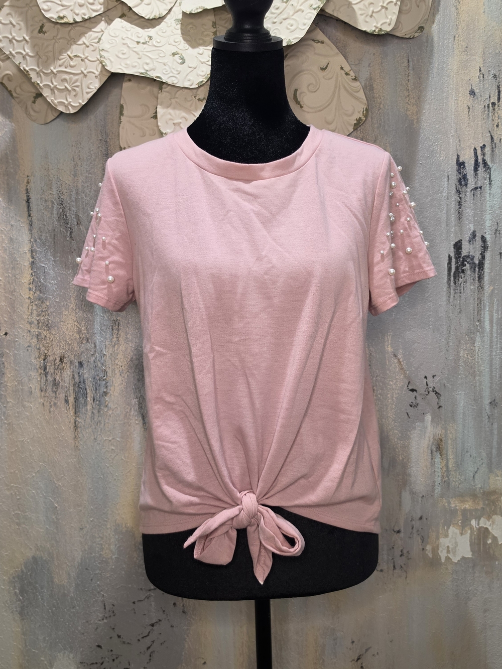 Women's Pink Pearl-Embellished Knot Front Tee Size Small